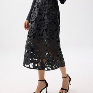 Leather Lace A-line Midaxi Skirt