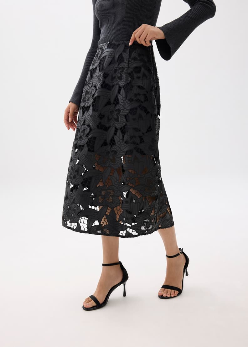 Leather Lace A-line Midaxi Skirt