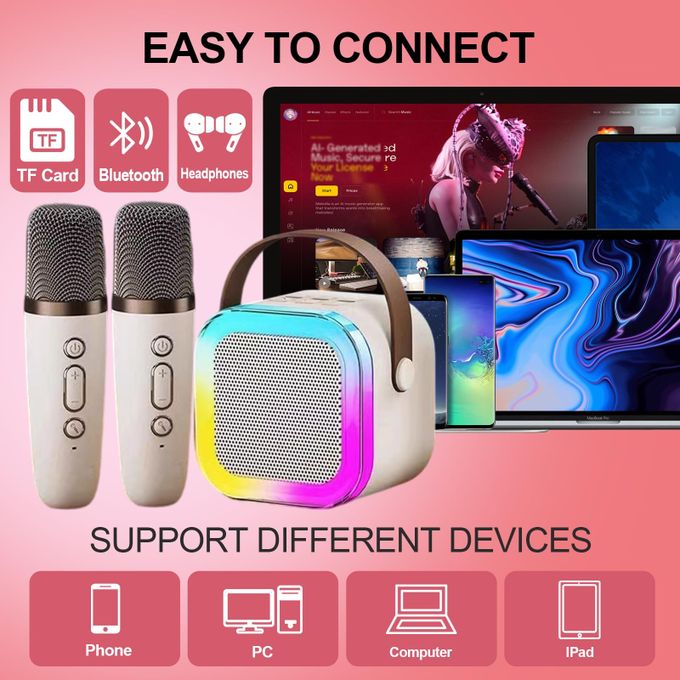 Portable Bluetooth Speaker With 2 Wireless Microphones Ivory Kids Karaoke Machine - Image 4