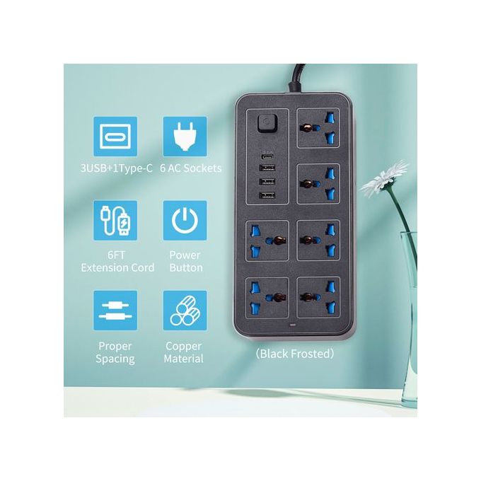 Power Strip 6 AC Sockets & 3 USB 1 Type C Port 6FT Cord - Image 6
