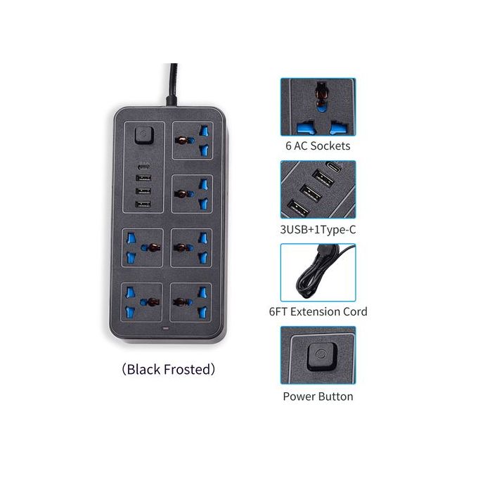 Power Strip 6 AC Sockets & 3 USB 1 Type C Port 6FT Cord - Image 3