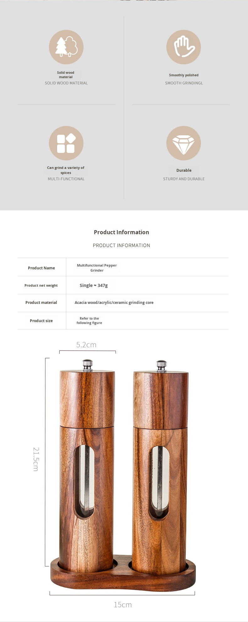 Acacia Wood Eco-Friendly Salt & Pepper Mills Set Home Kitchen Utensils Hand Grinder Accessories Custom - Image 3