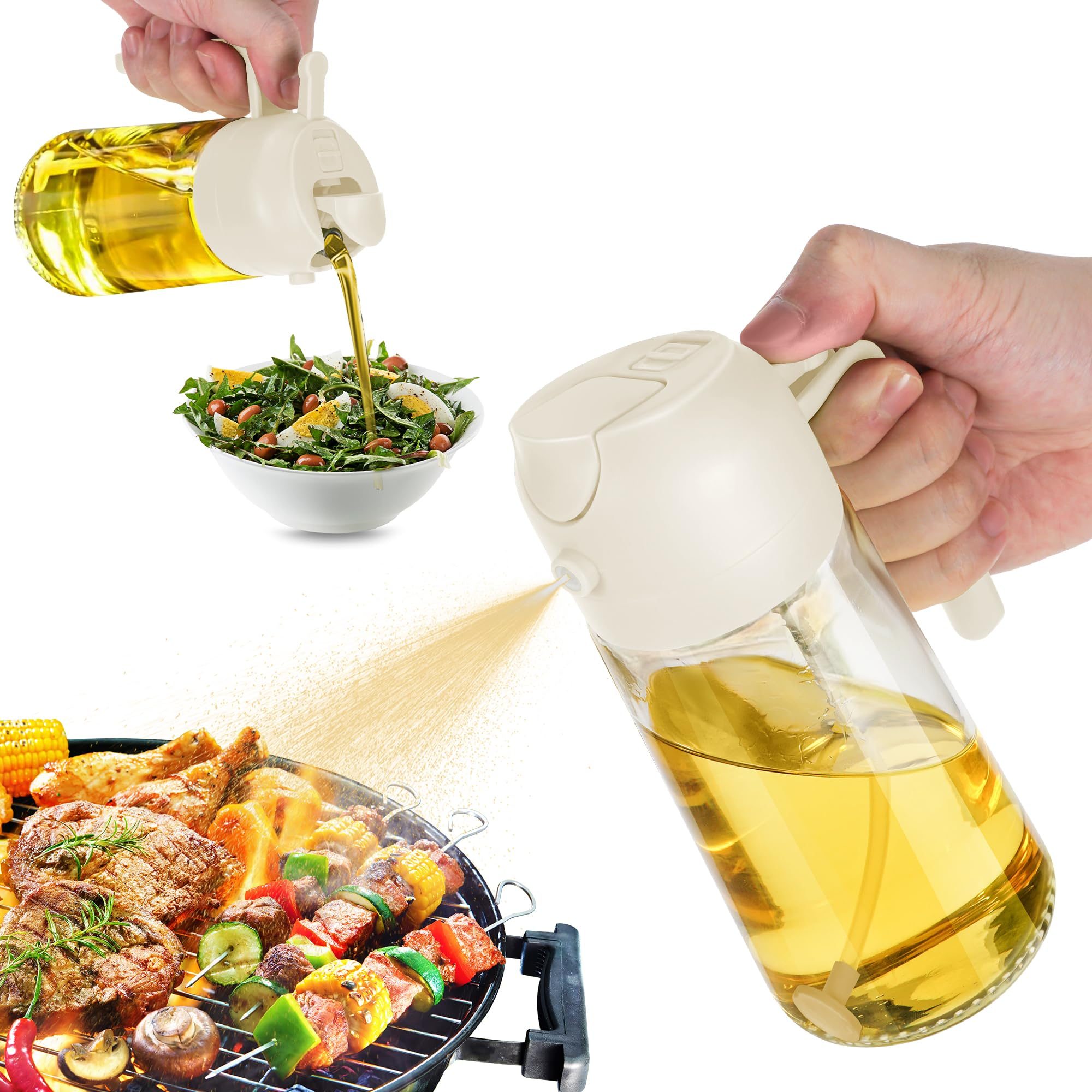 16oz Glass Kitchen 2 in 1 Oil Sprayer Bottle Cooking Storage Spice Seasoning Olive Oil Dispenser