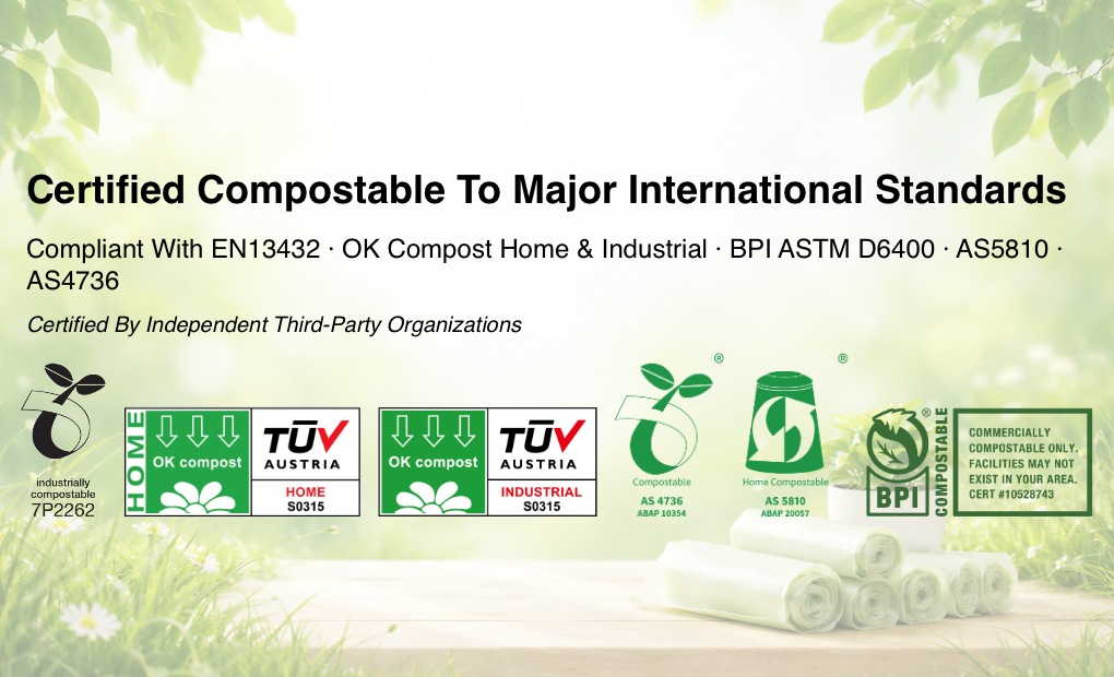 Compostable Trash Liners Garbage Bag EN13432 ASTM 6400 EU UK US Australia New Zealand Compliance Certified Kitchen Waste Ecopro